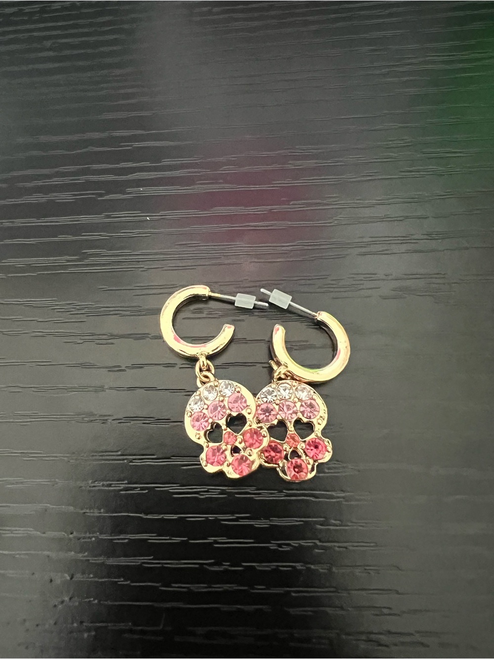 Gold Hoop Earrings with Pink Crystal Skull Charms